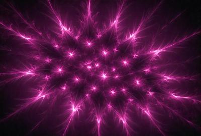 The primary subject of the image is a large, brightly colored, and pink-toned starburst pattern. The setting is a dark background, which contrasts with the vibrant colors of the starburst pattern. The visual style appears to be a combination of digital art and illustration, creating a unique and eye-catching design. The dominant colors in the image are pink, purple, and white, giving the scene a lively and energetic atmosphere.