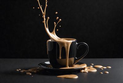 The primary subject of the image is a black coffee cup with a spoon in it, which is being poured with a brown liquid. The scene takes place on a black table, and the visual style appears to be a photo. The dominant colors in the image are black and brown, creating a moody atmosphere.