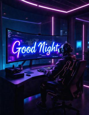 The primary subject of the image is a man sitting in a chair in front of a large computer monitor. The man is wearing headphones and appears to be working or engaging in some activity on the computer. The setting is a room with a desk and a chair, and the visual style is a digital art or illustration. The colors and mood of the image are predominantly purple, creating a calm and relaxing atmosphere.