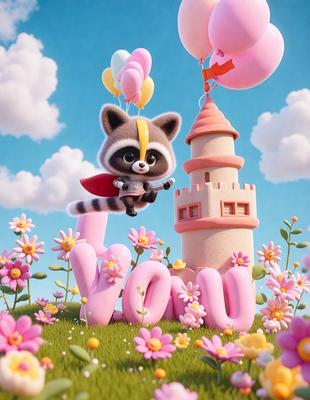 The primary subject of the image is a cartoon-like character, possibly a raccoon, flying through the air and holding onto a balloon. The setting is a lush, colorful garden with a castle in the background. The visual style is a combination of digital art and illustration, creating a whimsical and playful atmosphere. The dominant colors are pink, white, and yellow, which contribute to the overall cheerful and vibrant mood of the scene.