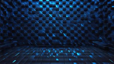 The primary subject of the image is a blue wall with a pattern of blue squares. The setting is a dark room, and the visual style appears to be a digital art or illustration. The dominant colors are blue, and the overall atmosphere is calm and serene.