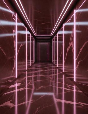 The primary subject of the image is a hallway with a marble floor. The setting is a dark room with a pink glow, creating a unique atmosphere. The visual style is a combination of a photo and digital art, giving the scene a surreal and futuristic appearance. The dominant colors are pink and black, with the pink glow illuminating the marble floor. The overall mood of the image is mysterious and intriguing.
