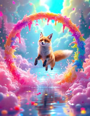 The primary subject of the image is a fox, which is captured in mid-air, jumping over a puddle of water. The setting is a colorful, whimsical environment, with a rainbow-colored background and a cloudy sky. The visual style is a combination of photo and digital art, creating a vibrant and lively atmosphere. The dominant colors are pink, blue, and yellow, which contribute to the overall cheerful and playful mood of the scene.