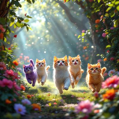 The image features a group of six cats running through a lush, flower-filled forest. The cats are spread out across the scene, with some closer to the foreground and others further in the background. The forest is filled with various flowers, creating a vibrant and colorful atmosphere. The overall mood of the image is energetic and playful, as the cats seem to be enjoying their time in the beautiful outdoor setting.