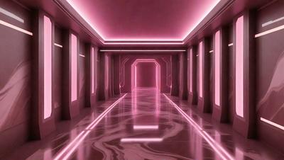The primary subject of the image is a long, narrow hallway with a pink color scheme. The setting is a futuristic environment, possibly a space station or a futuristic building. The visual style is a combination of photo and digital art, creating a unique and intriguing atmosphere. The dominant colors are pink and purple, giving the hallway a warm and inviting feel.