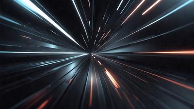 The primary subject of the image is a brightly lit tunnel with a blurry background. The setting is a dark tunnel, and the visual style appears to be a photo. The dominant colors are orange and blue, creating a vibrant and energetic atmosphere.