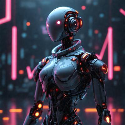 The primary subject of the image is a futuristic robot with a female appearance. The robot is standing in a dark room with a pink background, giving it a mysterious and intriguing appearance. The visual style of the image is digital art, as it is a computer-generated representation of the robot. The dominant colors in the image are pink and black, creating a contrasting and striking visual effect.