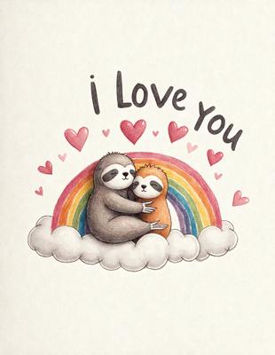 The image features a heartwarming scene of two cute sloths hugging each other. They are positioned in a cloudy sky, with one sloth on top of the other. The scene is set against a backdrop of a rainbow, adding a vibrant and colorful touch to the image. The overall atmosphere is warm, friendly, and inviting.