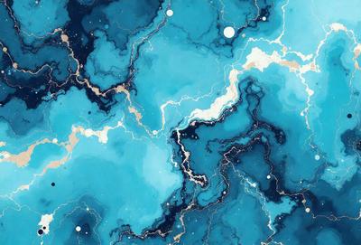 The primary subject of the image is a blue and white painting of a swirling, flowing design. The setting is a blue background, and the visual style appears to be a digital art or illustration. The dominant colors are blue and white, creating a calm and serene atmosphere.