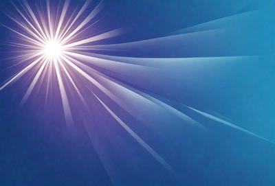 The primary subject of the image is a bright light source, possibly a sun or a light bulb, shining through a blue sky. The setting is a clear, cloudless sky, which provides a contrasting backdrop for the light source. The visual style of the image is a combination of photo and digital art, as it captures the light source's rays and the blue sky's color. The colors and mood of the image are predominantly blue, with the light source creating a sense of warmth and energy