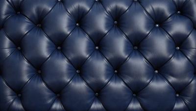 The primary subject of the image is a blue leather couch with a patterned design. The setting is a room with a blue background, and the visual style is a photo. The dominant colors are blue and black, creating a calm and sophisticated atmosphere.