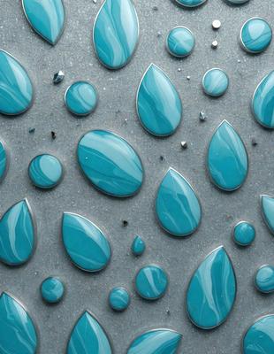 The primary subject of the image is a pattern of blue teardrops, which are arranged on a gray surface. The setting appears to be a wall or a patterned surface, and the visual style is a combination of digital art and illustration. The dominant colors in the image are blue and gray, creating a calm and soothing atmosphere.