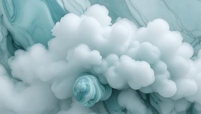The primary subject of the image is a large, swirling cloud. The cloud is surrounded by a blue and white marbled surface, which serves as the setting or background. The visual style of the image is a combination of photo and digital art, creating a unique and artistic representation of the cloud. The dominant colors in the image are blue and white, giving it a calming and serene atmosphere.