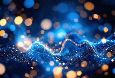 The primary subject of the image is a blue background with a pattern of bright lights, creating a visually appealing and dynamic scene. The setting appears to be a nighttime environment, with the lights creating a sense of depth and movement. The visual style of the image is a combination of digital art and illustration, as the lights are arranged in a way that resembles a wave or a flowing pattern. The colors and mood of the image are predominantly blue, with the bright lights adding a sense of energy and excitement to