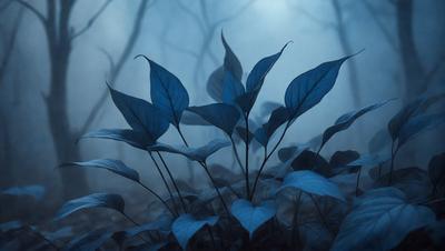 The primary subject of the image is a group of blue leaves, which are the main objects in the scene. The leaves are set against a dark, foggy background, creating a moody atmosphere. The visual style of the image is a combination of photo and digital art, as it appears to be a close-up of the leaves with a slightly blurred background. The dominant colors in the image are blue and dark, with the blue leaves being the most prominent feature.