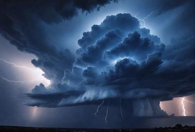 Primary subject: A large, dark cloud with lightning bolts in the middle of the sky.

Setting/background: The sky is dark and cloudy, with the lightning bolts illuminating the cloud.

Visual style: The image is a photo of the cloudy sky with lightning bolts.

Colors and mood: The dominant colors are dark and cloudy, with the lightning bolts adding a sense of intensity and power to the scene.