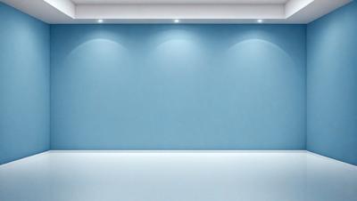 The primary subject of the image is a large, empty white room with a blue wall. The setting is a clean, uncluttered space, and the visual style is a realistic representation of the room. The dominant colors are white and blue, creating a calm and serene atmosphere.