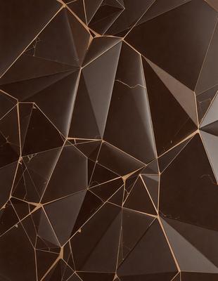 The primary subject of the image is a close-up of a brown and black marble tile. The setting is a wall with a patterned design, possibly a mosaic or a geometric pattern. The visual style is a close-up of the tile, showcasing its intricate details. The colors and mood of the image are predominantly brown and black, giving it a sophisticated and elegant appearance.