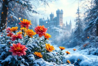 Primary subject: Flowers
Setting/background: Snowy landscape
Visual style: Digital art
Colors and mood: Yellow and orange flowers against a snowy backdrop, creating a warm and vibrant atmosphere.