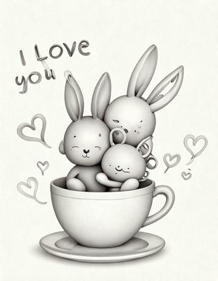 The primary subject of the image is a white cup filled with three cute bunny rabbits. The cup is placed on a table, and the rabbits are sitting together, creating a warm and cozy atmosphere. The visual style of the image is digital art, as it is a well-crafted illustration of the rabbits in the cup. The colors and mood of the image are predominantly white, giving it a clean and soothing appearance.