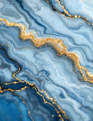 The primary subject of the image is a blue and gold marbled surface, which appears to be a piece of art or a decorative item. The setting is a close-up view of the marbled surface, showcasing its intricate patterns and colors. The visual style of the image is a combination of digital art and illustration, as it captures the beauty of the marbled surface in a detailed and artistic manner. The dominant colors in the image are blue and gold, creating a sense of luxury and sophistication