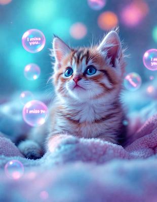 The primary subject of the image is a small kitten sitting on a pink surface. The kitten is surrounded by a variety of bubbles, which create a playful and whimsical atmosphere. The setting appears to be a cozy and comfortable environment, possibly a bed or a soft surface. The visual style of the image is a combination of photo and digital art, as the kitten and the bubbles are both realistic and have a touch of digital manipulation. The colors and mood of the image are predomin