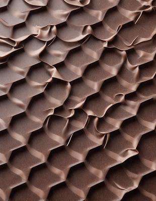 The primary subject of the image is a close-up of a brown, textured surface, possibly a piece of leather or a wallpaper with a pattern. The setting appears to be indoors, with the surface being the main focus of the image. The visual style is a close-up, which emphasizes the details of the surface. The colors in the image are predominantly brown, giving the scene a warm and natural atmosphere.