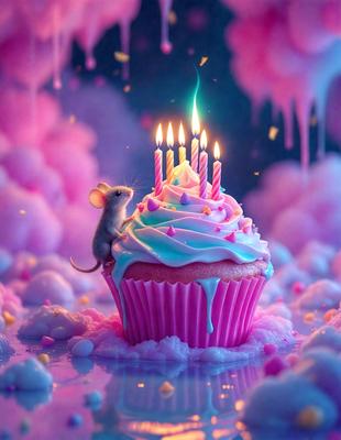 The primary subject of the image is a pink cupcake with a mouse sitting on top of it. The mouse is positioned on the cupcake, and the cupcake is placed on a pink surface. The setting appears to be a whimsical and playful environment, possibly a fantasy or a children's story. The visual style of the image is a combination of photo and digital art, creating a unique and imaginative scene. The colors and mood of the image are predominantly pink,