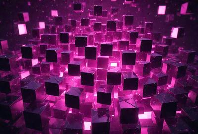 The primary subject of the image is a large, pink, three-dimensional display of cubes. The setting is a dark room, and the visual style appears to be a combination of digital art and illustration. The dominant colors are pink and purple, creating a vibrant and lively atmosphere.