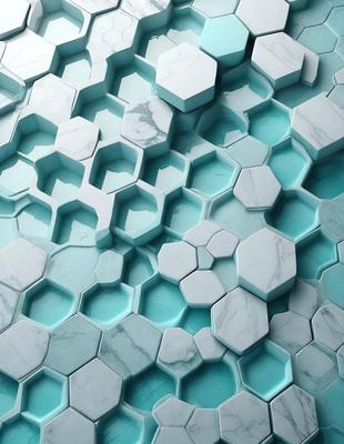 The primary subject of the image is a blue and white marble wall with a hexagonal pattern. The setting is a room with a blue and white marble floor. The visual style is a close-up of the marble wall, showcasing its intricate design. The colors and mood of the image are predominantly blue and white, creating a clean and elegant atmosphere.