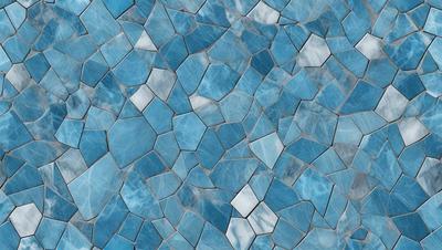 The primary subject of the image is a blue and white tile pattern. The setting is a blue tile wall, and the visual style is a close-up of the tile pattern. The dominant colors are blue and white, creating a calm and soothing atmosphere.