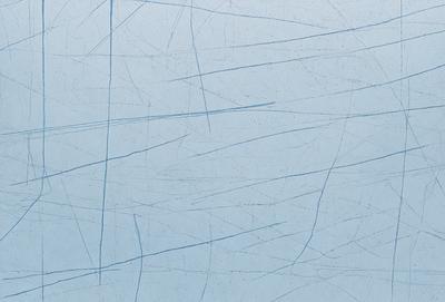 The primary subject of the image is a blue wall with a pattern of white lines. The setting is a room with a blue surface, and the visual style appears to be a digital art or illustration. The dominant colors are blue and white, creating a calm and soothing atmosphere.