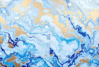 The primary subject of the image is a blue and gold swirling pattern, which appears to be a painting or a digital artwork. The setting is a blue and gold background, which complements the swirling pattern. The visual style is a mix of digital art and painting, creating a unique and eye-catching design. The colors and mood of the image are predominantly blue and gold, giving it a warm and inviting atmosphere.
