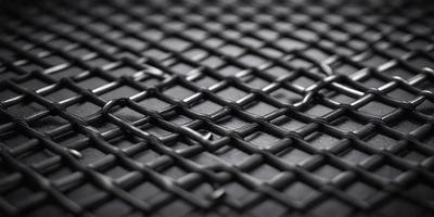 The primary subject of the image is a close-up of a black mesh or grate. The setting is a black background, which creates a striking contrast with the mesh. The visual style is a detailed, up-close view of the mesh, showcasing its intricate pattern. The colors and mood of the image are predominantly dark, with the black mesh and background creating a moody atmosphere.