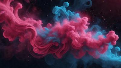 The primary subject of the image is a large, swirling cloud of pink and blue smoke. The setting is a dark, starry sky, which serves as the backdrop for the cloud. The visual style of the image is a combination of photo and digital art, creating a surreal and dreamy atmosphere. The dominant colors of the image are pink and blue, with the pink smoke taking up a significant portion of the scene.