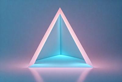 The primary subject of the image is a large, illuminated triangle. The triangle is the main object, scene, or focus of the image. The setting or background is a white surface, which provides a clean and minimalist backdrop for the triangle. The visual style of the image is digital art, as it appears to be a computer-generated or digitally manipulated image. The colors and mood of the image are predominantly blue and pink, creating a vibrant and lively atmosphere.