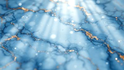 The primary subject of the image is a blue surface with gold streaks, which appears to be a marble-like texture. The setting is a sunlit room, and the visual style is a combination of photo and digital art. The dominant colors are blue and gold, creating a serene and elegant atmosphere.