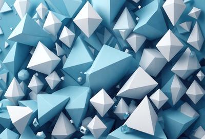 The primary subject of the image is a large collection of blue and white geometric shapes, which are arranged in a visually appealing manner. The setting is a blue background, which provides a contrasting and complementary color to the shapes. The visual style of the image is a combination of digital art and illustration, as the shapes are intricately designed and well-defined. The dominant colors in the image are blue and white, creating a calm and soothing atmosphere.