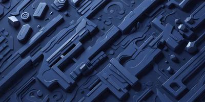 The primary subject of the image is a blue wall with a pattern of various shapes and designs. The setting is a room with a blue background, and the visual style appears to be a combination of digital art and illustration. The dominant colors are blue and black, creating a calm and soothing atmosphere.