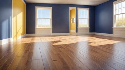 The primary subject of the image is a large, clean, and well-lit room with wooden floors. The room features a hardwood floor and is filled with natural light, creating a bright and inviting atmosphere. The setting includes a doorway leading to another room, and the background showcases a blue wall. The visual style of the image is a photo, capturing the room's details and ambiance. The colors and mood of the room are predominantly warm and welcoming, with the wooden floors and natural light