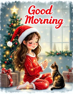 The primary subject of the image is a young girl wearing a red dress and a Santa hat. She is sitting on the floor and petting a cat. The setting is a room with a Christmas tree in the background. The visual style is a digital art illustration. The colors and mood are warm and festive, with the red dress and Santa hat adding to the holiday atmosphere.
