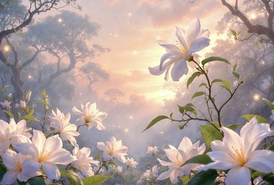 The primary subject of the image is a beautiful white flower, which is the main focus of the scene. The flower is surrounded by a lush green forest, creating a serene and natural setting. The visual style of the image is a combination of photo and digital art, giving it a realistic yet artistic appearance. The dominant colors in the image are white and green, creating a sense of tranquility and harmony with nature.