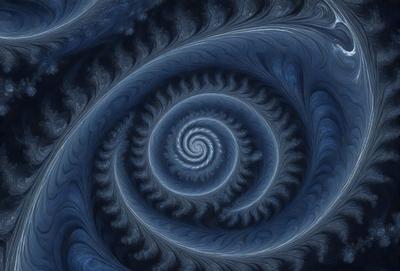 The primary subject of the image is a spiral pattern, which is the main object, scene, or focus of the image. The spiral pattern is set against a blue background, creating a visually striking contrast. The spiral pattern is a digital art piece, showcasing the artist's skill in creating intricate designs. The overall atmosphere of the image is one of beauty and complexity, with the blue color adding a sense of calmness and tranquility.
