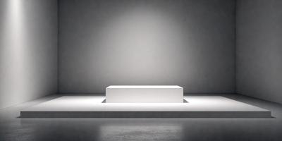 The primary subject of the image is a white box, which is the main object, scene, or focus of the image. The setting is a dark room, with a white wall as the backdrop. The visual style is a photo, and the dominant colors are white and black, creating a stark and minimalist atmosphere.