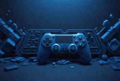 The primary subject of the image is a blue video game controller. The controller is placed on a blue surface, which could be a table or a background. The visual style of the image is digital art, as it appears to be a 3D model of the controller. The colors and mood of the image are predominantly blue, giving it a futuristic and sleek appearance.
