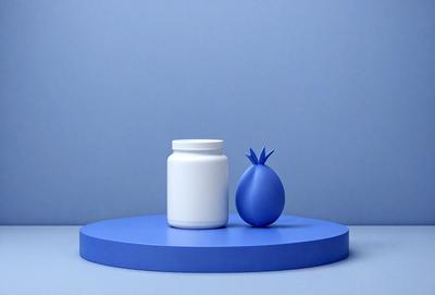 The primary subject of the image is a white jar or vase, which is placed on a blue table. The setting is a simple, clean environment with a blue background. The visual style appears to be a photo, as the jar and the table are clearly visible and in focus. The colors and mood of the image are predominantly blue, creating a calm and serene atmosphere.