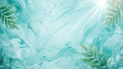 The primary subject of the image is a leaf, which is the main object, scene, or focus of the image. The leaf is placed on a blue marble surface, which serves as the setting or background. The visual style of the image is a combination of photo and digital art, creating a unique and artistic representation of the leaf. The dominant colors in the image are blue and green, giving the scene a calm and serene atmosphere.