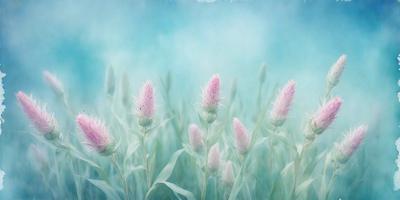The primary subject of the image is a field of pink flowers, with a blue sky in the background. The flowers are scattered throughout the field, creating a beautiful and vibrant scene. The visual style of the image is a combination of photo and digital art, as it captures the natural beauty of the flowers and the sky. The colors in the image are predominantly pink and blue, creating a serene and calming atmosphere.