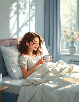 The primary subject of the image is a woman lying in bed, holding a cup of coffee. She is smiling and appears to be enjoying her time in bed. The setting is a bedroom, with a window visible in the background. The visual style is a painting, which adds a sense of artistic expression to the scene. The colors in the painting are warm and inviting, creating a cozy and relaxing atmosphere.