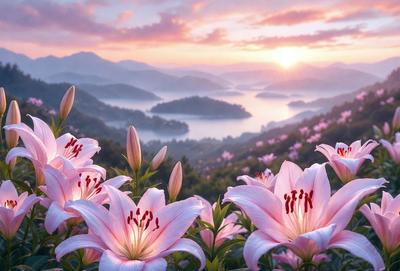 Primary subject: Flowers
Setting/background: Mountains, water, and a sunset
Visual style: Photo
Colors and mood: Pink, purple, and orange
